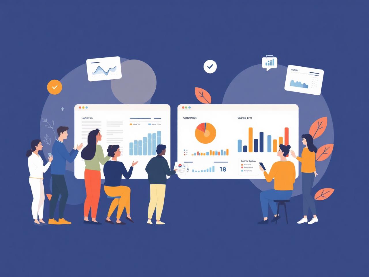 Young people collaborating around survey and analytics dashboards